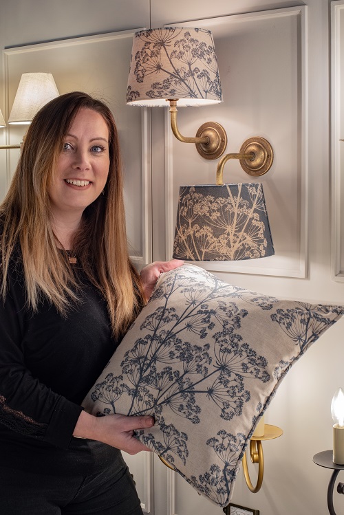 Sharon in showroom with cow parsley cushions